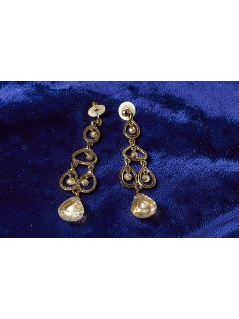 Vintage Gold Tone Clear Beads Teardrop Tiered Dangle Earrings